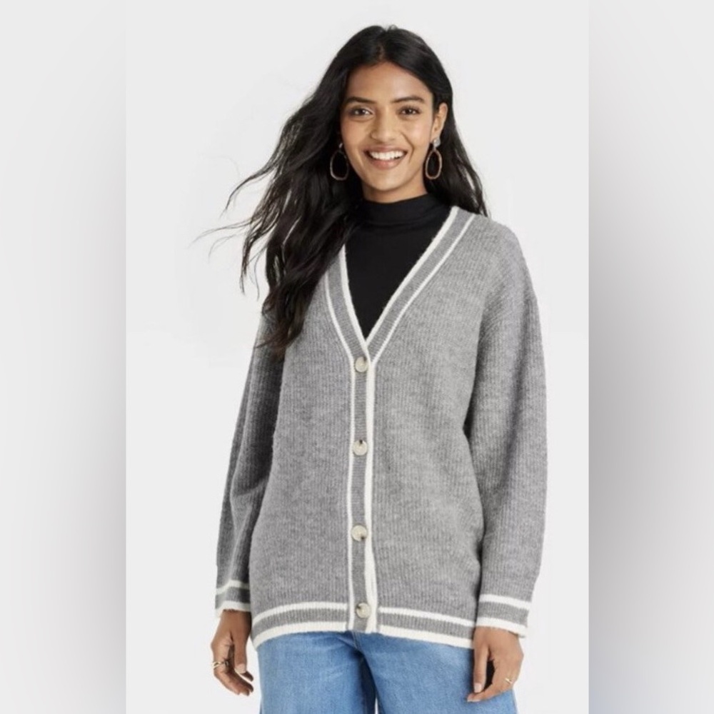 a new day Gray Cardigan with Cream Trim